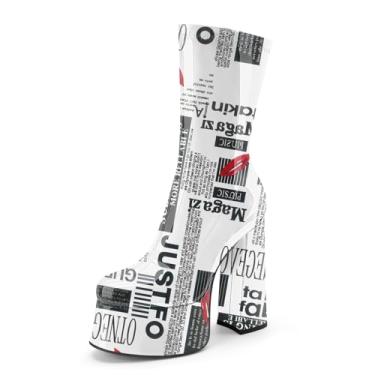 Imagem de Perisis Bota feminina de cano curto com plataforma GoGo, salto alto, redondo, com zíper, de couro, cano médio, para festa rave, Patente de jornal, 40