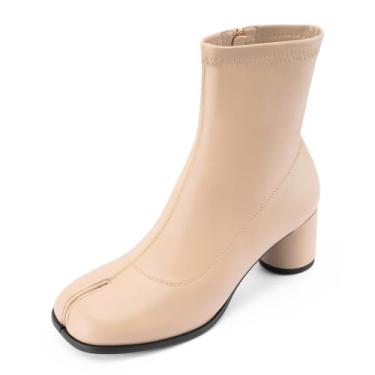 Imagem de Perisis Botas femininas Tabi, bico dividido, cano baixo, salto baixo, salto bloco, sapatos ninja japoneses, couro artificial, grosso, elástico, bota curta para mulheres confortáveis, Creme, 41