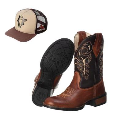 Imagem de Kit Bota Texana Couro + Boné Telinha Masculino Cowboy Estilo - Campero