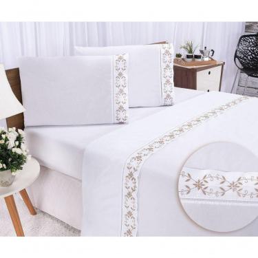Imagem de Jogo Lençol Veneza Quarto Casal Padrão Bordado 4 Peças 2fronha Cor:branco Com Caqui