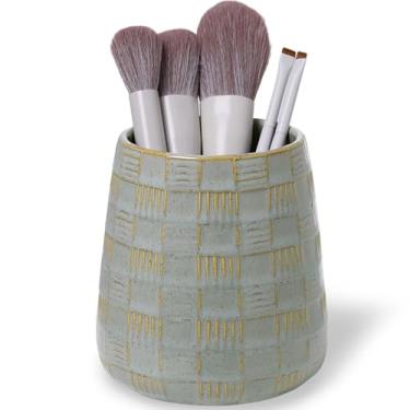 Imagem de QUXIJA Porta-pincéis de maquiagem de cerâmica, penteadeira de banheiro e bancada, copo de pincéis de maquiagem para cosméticos, batons, armazenamento de mesa de banheiro (cinza vintage)