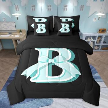 Imagem de jejeloiu Conjunto de edredom com laço azul Kawaii, 7 peças, presente de tamanho casal, para mulheres e adolescentes, com letra B, arte moderna, monograma, personalizado, letra B, macio e leve