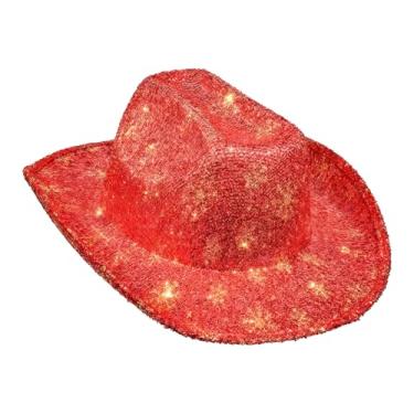 Imagem de Chapéu de Papai Noel de cowboy com glitter de Natal Chapéu Fedora com adereços de Natal dourados de floco de neve