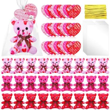 Imagem de Poen 27 Pack Valentine Mini Plush Bears with Heart Cards Set Exchange Prize Gifts Valentine Gifts Keychain Red Stuffed Animal for Party Favors