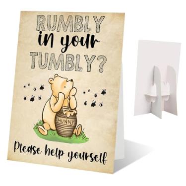 Imagem de Decorações de chá de bebê Ursinho Ursinho - Rumble in Your Tumbly - 1 placa autônoma com suporte, decorações clássicas de aniversário Pooh de boas-vindas lembrancinhas e suprimentos para festas de