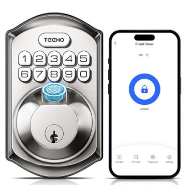 Imagem de TEEHO Fechadura de porta de entrada sem chave com impressão digital WiFi, fechadura inteligente, WiFi integrado e controle remoto de aplicativos, fechadura de teclado eletrônico