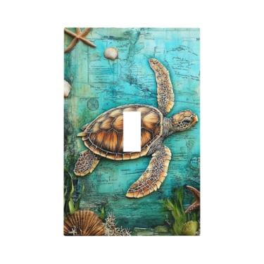 Imagem de JDAKHD Placa de cobertura de interruptor de luz com tema de tartaruga marinha náutica 1 gangue placa decorativa de parede mapa vintage praia interruptor de saída único capa para banheiro quarto