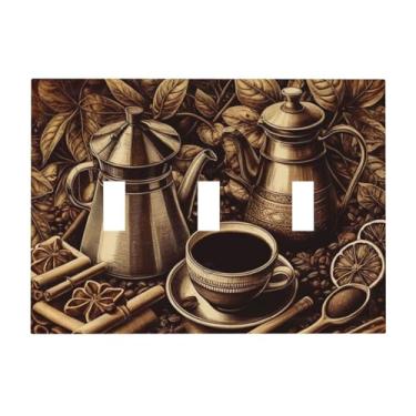 Imagem de LuHuoLu Placa decorativa para interruptor de luz, vintage, grãos de café, copo de folha, placa de parede de 3 grupos, placa de cobertura de interruptor triplo grande, placa frontal jumbo para cozinha,