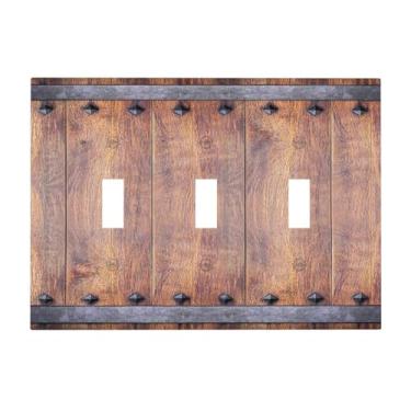 Imagem de Wmhusu Capa de interruptor de luz rústica para porta de celeiro de casa de fazenda, madeira vintage, placa de parede de 3 grupos, placa de interruptor de luz tripla, capas de tomada decorativas, placa