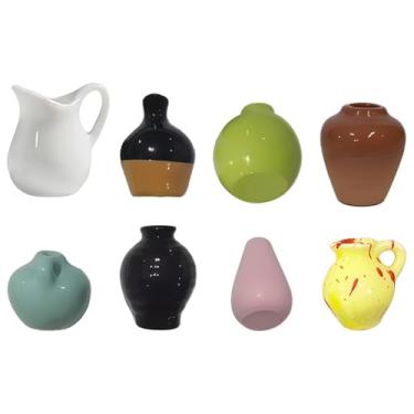 Imagem de 8 peças de vasos de flores de resina coloridos em miniatura, suportes magnéticos de cerâmica esmaltada, decorações divertidas de geladeira e escritório