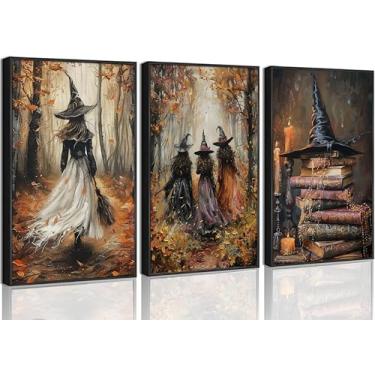 Imagem de 3 peças de arte de parede em tela vintage de bruxa retrô floresta livros de bruxa escura Academia pintura gótica decoração de parede pôster impresso arte para corredor banheiro quarto decoração de
