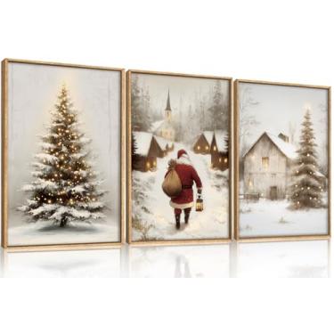 Imagem de KAIRNE Conjunto de arte de parede de Natal de 3 peças, impressões de arte em tela de paisagem de pinheiros, arte de cenas de vila nevada de Papai Noel, decoração de véspera de Natal para sala de estar