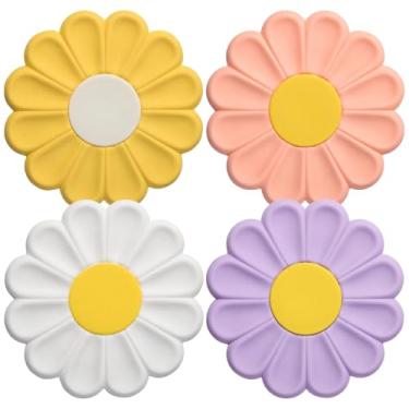 Imagem de Conjunto de tapete de silicone com 4 peças, design de margarida resistente ao calor, antiderrapante, almofadas laváveis para pratos quentes, copos, tigelas, panelas, branco, amarelo, roxo