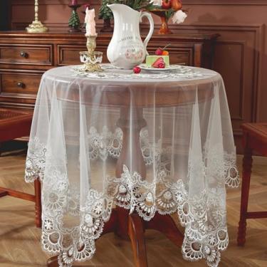 Imagem de Huierxun Toalha de mesa quadrada de renda bordada com renda para mesas quadradas/redondas 109 x 109 cm elegante toalha de mesa floral jacquard decoração vintage capa de mesa para jantar na cozinha