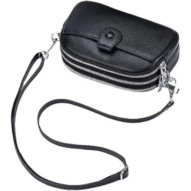 Imagem de Bolsa transversal de couro genuíno para mulheres com três zíperes pequena e simples celular mão real macio luxuosa ideal meninas alça removível ajustável