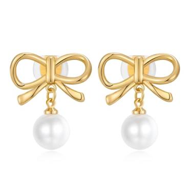 Imagem de WOWORAMA Brincos femininos com clipe de laço de pérola delicados brincos de laço de ouro simples na moda brinco de clipe de pérola joia não perfurada
