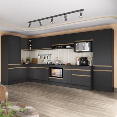 Imagem de Cozinha Modulada Completa Canto 409cm Com Balcão Cooktop Veneza Multimóveis Mp2304 Preto Dourado