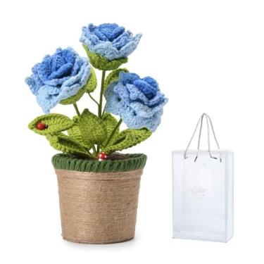 Imagem de TALIBSA Caixa de presente feita à mão para vaso de flores de rosa, flores de crochê, vasos de tricotado feito à mão, flores de crochê, flores folhadas de crochê, vasos de plantas, presentes para