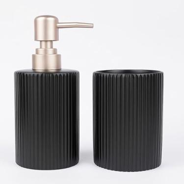 Imagem de Kit Banheiro Lavabo 2 Peças Porta Sabonete Escova Decorativo Cerâmica Canelado| Conjunto para Lavabo, Banheiro Social ou Suíte | Decoração e Organização para Casa(Preto)