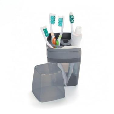 Imagem de Porta Escovas e Pasta com Tampa para 5 Escovas - Organizador de Banheiro e Viagem | Estojo Higiênico em Plástico Resistente (Rosa e Transparente)