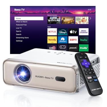 Imagem de Aurzen Eazze D1R Roku TV Smart Projetor com WiFi e Bluetooth Auto Focus & Keystone, DoIby Audio, Zoom, Filme Nativo 1080P, Mini Projetor Portátil Externo, Dourado