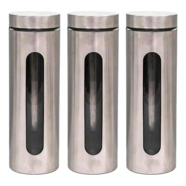 Imagem de Kit Com 3 Potes Vidro Vítreo Grande Revestidos Em Inox 1,8L com Tampa Hermética e Visor - Ideal para Armazenar Macarrão, Arroz, Feijão, Açúcar, Grãos e Mantimentos - Organização Da Cozinha