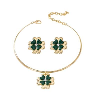 Imagem de NewZenro Brincos de trevo de quatro folhas verdes esmaltados grandes e grossos colar com pingente de gargantilha de trevo CZ dourado conjunto de joias para mulheres festas de fim de ano