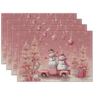 Imagem de HOMETITUTE Jogo americano de Natal, conjunto de 4 tapetes de mesa laváveis de linho, 30,5 x 45,7 cm, rosa, boneco de neve, caminhão, com presentes, decoração de inverno, férias, cozinha, mesa de