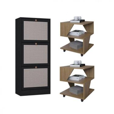 Imagem de Kit Sapateira Spin Tropical 3 Portas E 2 Mesas De Cabeceira Carvalho/preto