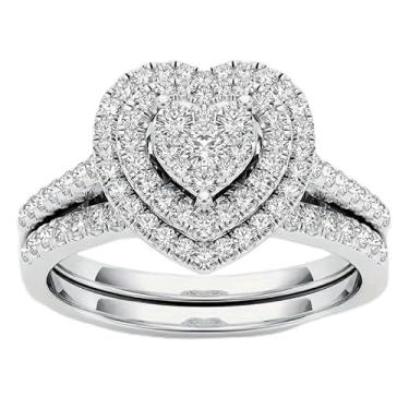 Imagem de Conjunto de 2 peças de anel de coração doce de zircônia para mulheres, acessório de moda para encontros, festas, férias, moda, 10, Cobre, Zircônia cúbica