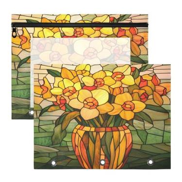 Imagem de SEHANY Pasta de lápis de flores de jardim com 3 anéis - bolsa de documentos com zíper tamanho A4 com janela transparente para sala de aula, escritório, 2 peças