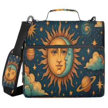 Imagem de Blueangle Fichário de 3 anéis com zíper para rosto de sol e lua, bolsa para fichário com capacidade para 500 folhas com alça de ombro e alça (383)