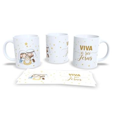 Imagem de Caneca Natalina com Presépio, Jesus O Verdadeiro Sentido do Natal, Cerâmica Branca, Decoração Religiosa com Arte Dourada, 325ml (23183)