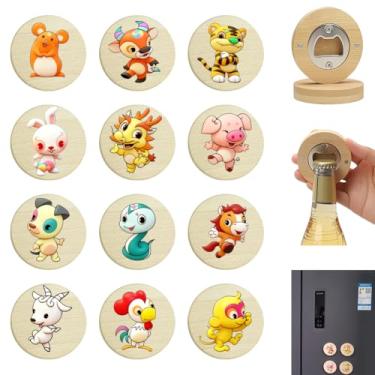 Imagem de Abridor de garrafas de bambu com parte traseira magnética, 12 peças, design do zodíaco chinês, abridor de cerveja redondo de madeira de 6 cm, adesivo de geladeira para lembrancinhas de casamento, bar