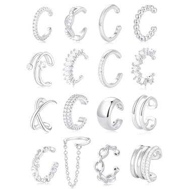 Imagem de AKEOQI 16 brincos de orelha não perfurantes de zircônia cúbica para mulheres, banhado a ouro, prata, clipe na cartilagem, hélice, brincos falsos, joias, Cobre, Zircônia cúbica