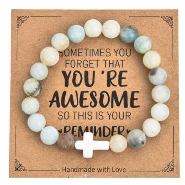 Imagem de Pulseira de cruz religiosa para mulheres e homens, joias de fé cristã, pulseira elástica de pedra natural feita à mão, One Size, Vidro, Sem Pedra Preciosa