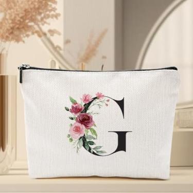 Imagem de Bolsa de maquiagem inicial, presentes personalizados para mulheres, presentes de dama de honra para o dia do casamento, Bege 2372