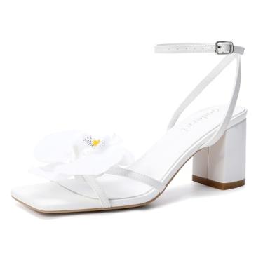 Imagem de Goderci Sandálias femininas de salto alto com flor quadrada, bico aberto, tira no tornozelo, salto floral grosso, Branco, 40