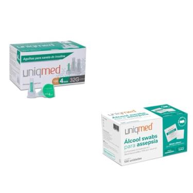 Imagem de Agulha Para Caneta De Insulina 4mm x 32g Uniqmed c/100 + Álcool Swab 70% Saches Lenços Umedecidos c/100 Uniqmed