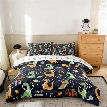 Imagem de MWMWMW Jogo de cama casal de dinossauro, 5 peças, tamanho casal, com 1 edredom, 1 lençol de cima, 1 lençol com elástico e 2 fronhas