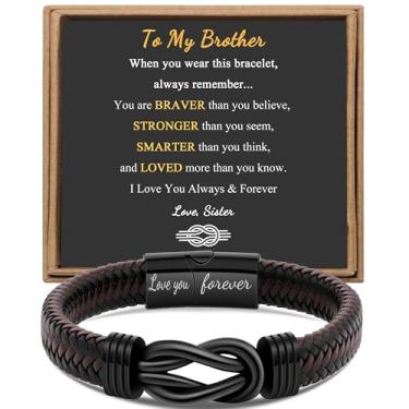 Imagem de Presente para homens, pulseira infinita para homens, pai, marido, namorado, filho, neto, irmão, sobrinho, tio, marrom, couro trançado Forever Linked Together, aço inoxidável, gravada com Love You Forever, joia 19 | 21 cm, 9 Inches, Aço inoxidável, Sem pedras preciosas