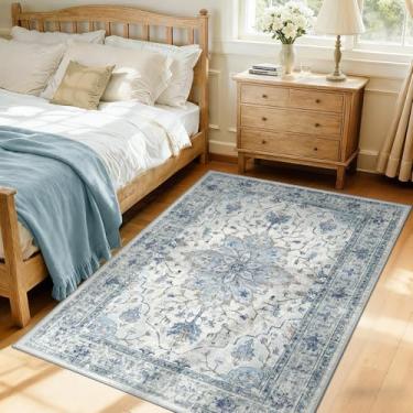 Imagem de RELEANY Tapetes de área adequados a vácuo, 9,5 x 1,5 m, lavável na máquina, antiderrapante, estampa floral, vintage, estampa de angústia, tapete medalhão para sala de estar, quarto, azul tijolo, azul