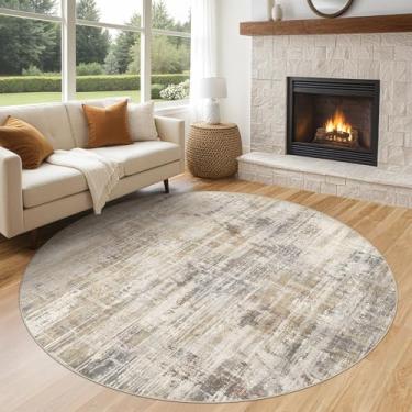 Imagem de Tapete redondo de 1,8 m para sala de estar: 15 x 15 lavável neutro abstrato moderno tapete antiderrapante resistente a manchas para quarto, sala de jantar, escritório, berçário - marrom dourado