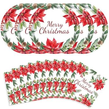 Imagem de 40 peças de pratos e guardanapos de papel de Natal, suprimentos de festa, 23 cm, conjunto de pratos de poinsétia de feliz Natal para decoração de Natal, conjunto de utensílios de mesa descartáveis