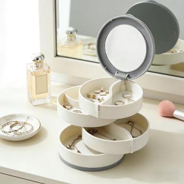 Imagem de Organizador de joias, caixa de armazenamento de joias pequena, suporte de brincos para mulheres, bandeja de joias rotativa de 5 camadas com tampa para pulseiras, anéis, pulseiras, presente para
