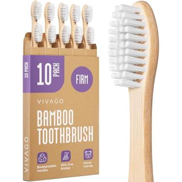 Imagem de VIVAGO Escovas de dentes firmes de bambu para adultos, pacote com 10 - escova de dentes de cerdas duras sem BPA