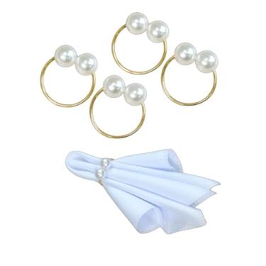 Imagem de Conjunto 4 Anéis para Guardanapo com Pérola Dupla Grande, Argola Dourada, 4x3cm, Decoração Mesa Posta Clássica