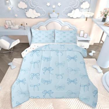 Imagem de jejeloiu Conjunto de edredom com laço para todas as estações, com 2 fronhas, gravata borboleta, microfibra, roupa de cama casal, estilo princesa sonhadora, decoração de quarto, edredom respirável