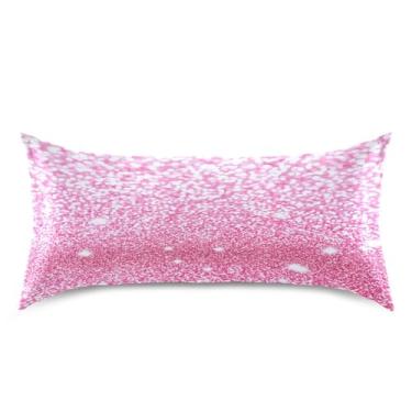 Imagem de Qilmy Fronha de cetim rosa brilhante com estampa de glitter para cabelo e pele, capa de almofada de seda refrescante macia e respirável com fecho de envelope, tamanho king size 50 x 101 cm