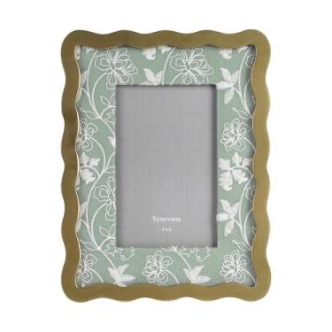 Imagem de Synovana Porta-retrato de flores bordadas verde e branco – Moldura de tecido 10 x 15 com bordas douradas onduladas para casamento, aniversário, exibição de mesa